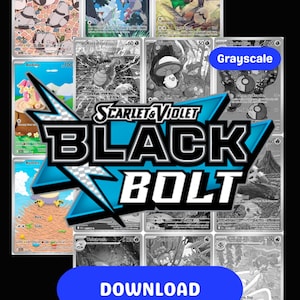 May include: A selection of trading cards, some in colour and others in grayscale, showcasing illustrated characters. The cards are labelled with names and numbers, with the text "SCARLET & VIOLET BLACK BOLT" clearly visible.