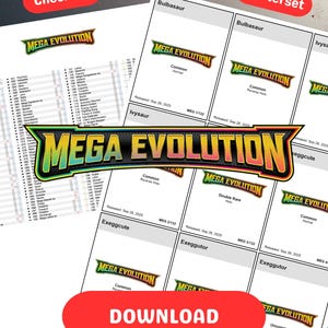 Puede incluir: Imagen de listas de verificación y conjuntos maestros de juegos de cartas coleccionables. El logotipo "MEGA EVOLUTION" es prominente. La imagen incluye las palabras "Checklist", "Masterset" y "Download" en rojo. Las cartas presentan varios Pokémon.
