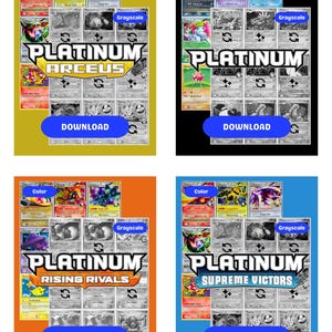May include: Four colorful digital art prints featuring Pokémon trading cards. Each print showcases a different set: Platinum Arceus, Platinum, Platinum Rising Rivals, and Platinum Supreme Victors. Each print includes a "Download" button.