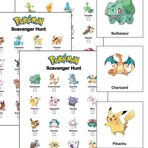 May include: Three white sheets of paper with a "Pokémon Scavenger Hunt" title and various Pokémon characters. The image includes Bulbasaur, Charizard, and Pikachu, with check boxes for each character.