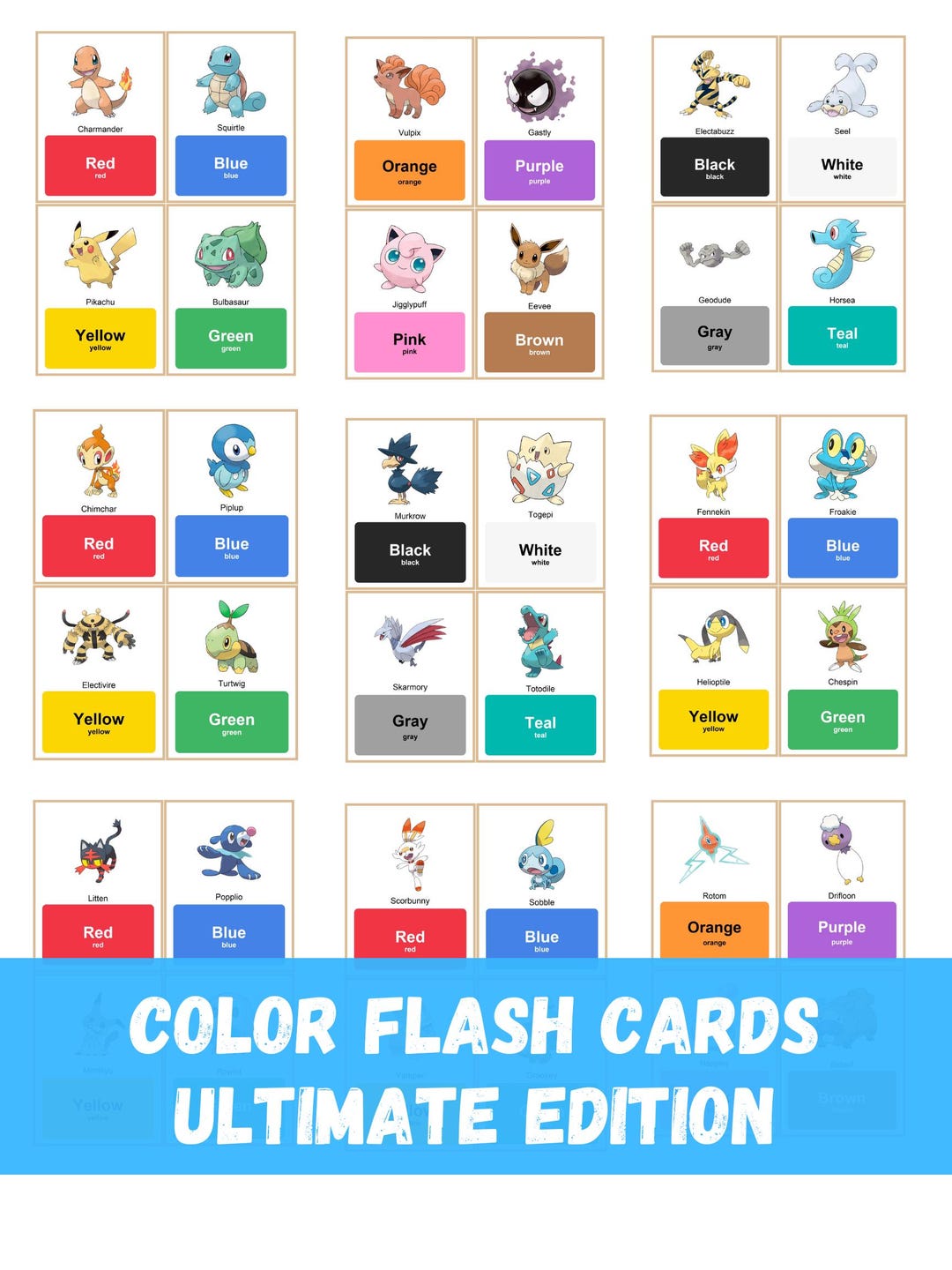 Pokémon Colors Flash Cards Ultimate Edition Printable Bundle Gen 1 to 9 ...