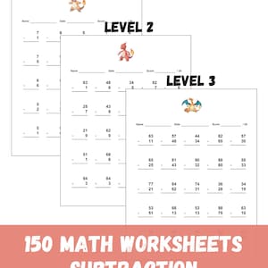 Könnte beinhalten: Drei Subtraktions-Arbeitsblätter mit den Bezeichnungen Level 1, 2 und 3, jedes mit einer anderen Zeichentrickfigur. Die Arbeitsblätter enthalten Subtraktionsaufgaben und Platz für Name, Datum und Punktzahl. Der untere Teil des Bildes lautet "150 MATH WORKSHEETS SUBTRACTION."
