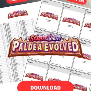 Pode incluir: Uma lista de verificação e um conjunto mestre para o jogo de cartas colecionáveis "Scarlet & Violet Paldea Evolved". A imagem apresenta nomes de cartas, logotipos de conjuntos e a palavra "DOWNLOAD" em um botão vermelho.