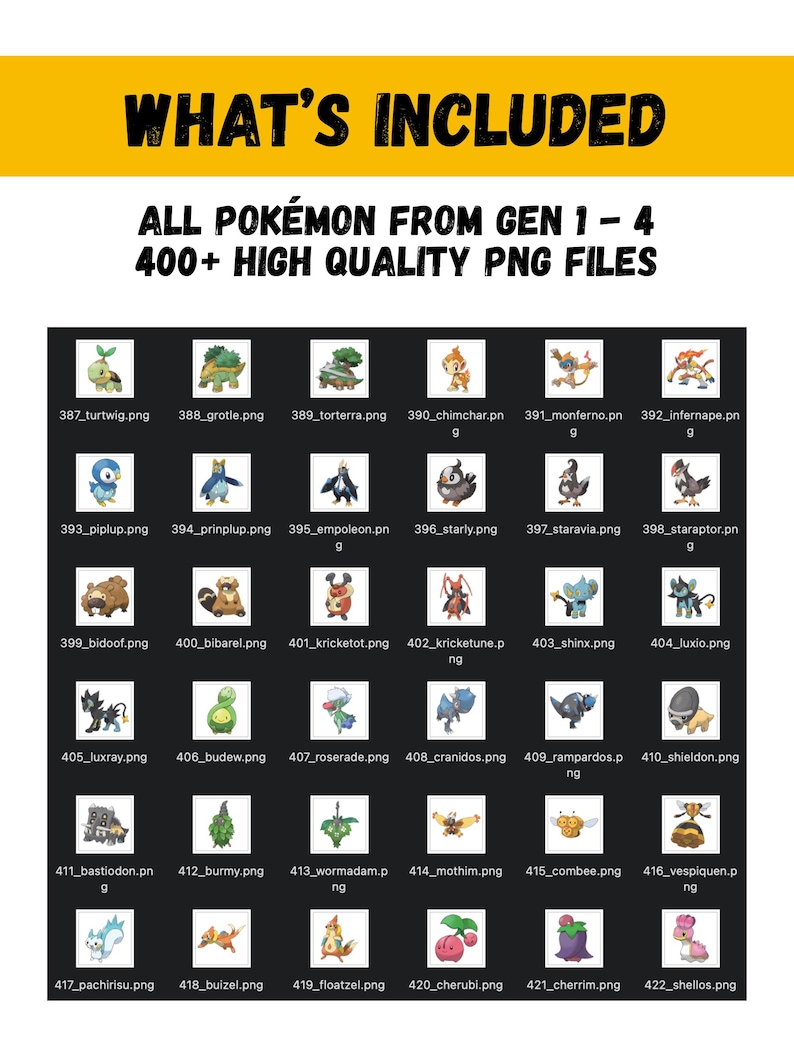 May include: A digital product display featuring a yellow banner with the text "WHAT'S INCLUDED" above a list of Pok&eacute;mon from Generations 1-4. The image showcases over 400 high-quality PNG files of various Pok&eacute;mon characters.
