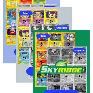 May include: A collection of Pokémon trading cards, some in color and others in grayscale. The cards feature various Pokémon characters with different HP levels and attacks. The word "SKYRIDGE" is prominently displayed, along with a "DOWNLOAD" button.