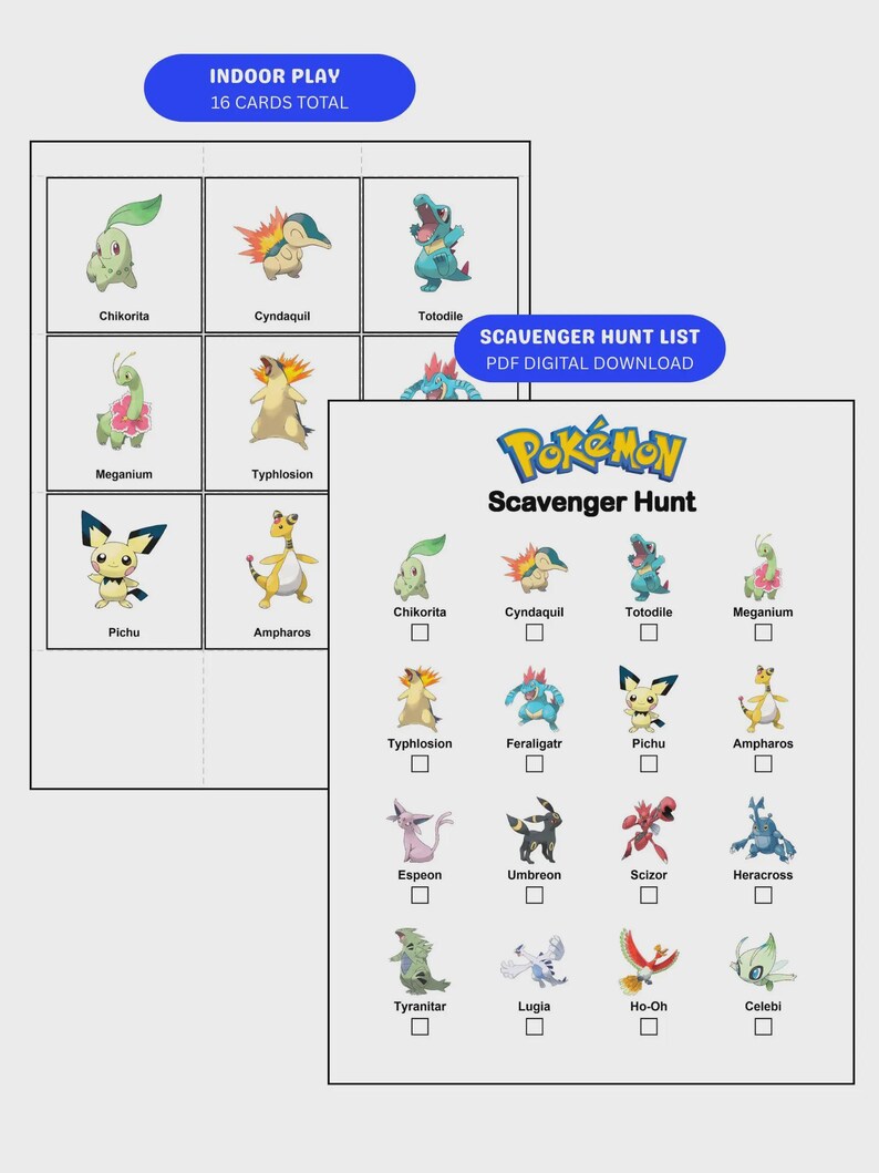 Pokémon Scavenger Hunt Printable for Kids, Catch 'em All Game, Set of
