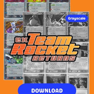 Puede incluir: Una colección de cartas coleccionables de Pokémon, con varios personajes y diseños de cartas. Las cartas muestran una mezcla de colores e imágenes en escala de grises, con el texto "EX Team Rocket Returns" y un botón "Descargar".