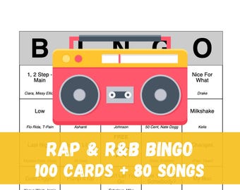 May include: A Rap & R&B Bingo card with a red and yellow boombox graphic. The card includes the text "RAP & R&B" at the top and "100 CARDS + 80 SONGS" in the center. The card features song titles and artist names.