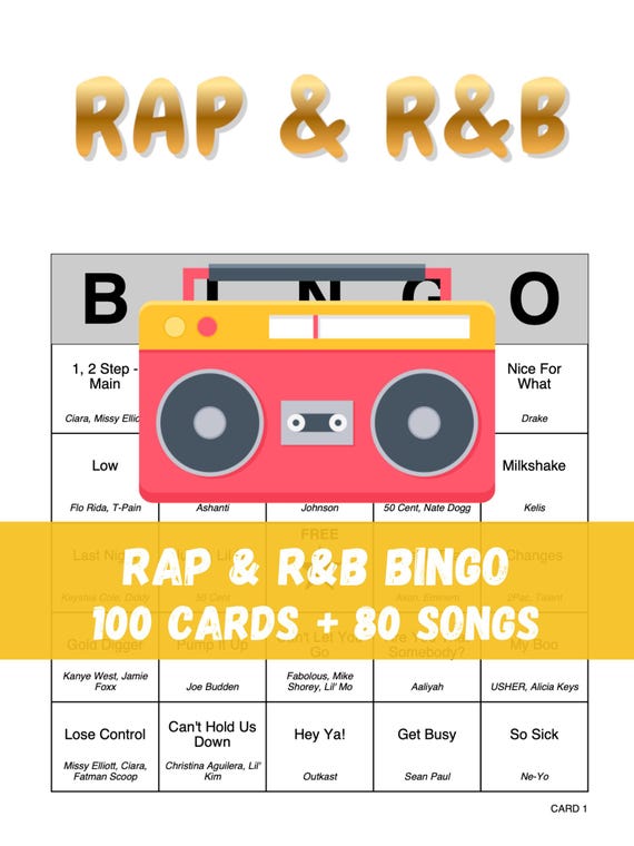 2000s Rap and R&B Music Bingo, 80 Songs, 100 Cards, Hip Hop and Party Game, Printable Music Bingo PDF, Instant Digital Download