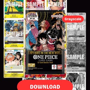 Op de afbeelding: Een afbeelding met One Piece-verzamelkaarten en een boosterpack. De kaarten tonen kleurrijke illustraties van personages, met het woord "SAMPLE". Het boosterpack is zwart en heeft de titel "EMPERORS IN THE NEW WORLD ONE PIECE CARD GAME".