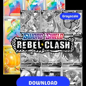 May include: A collection of Pokémon trading cards, some in color and others in grayscale. The cards feature various characters and creatures, with the "Sword & Shield Rebel Clash" logo prominently displayed. A blue button with the word "DOWNLOAD" is at the bottom.