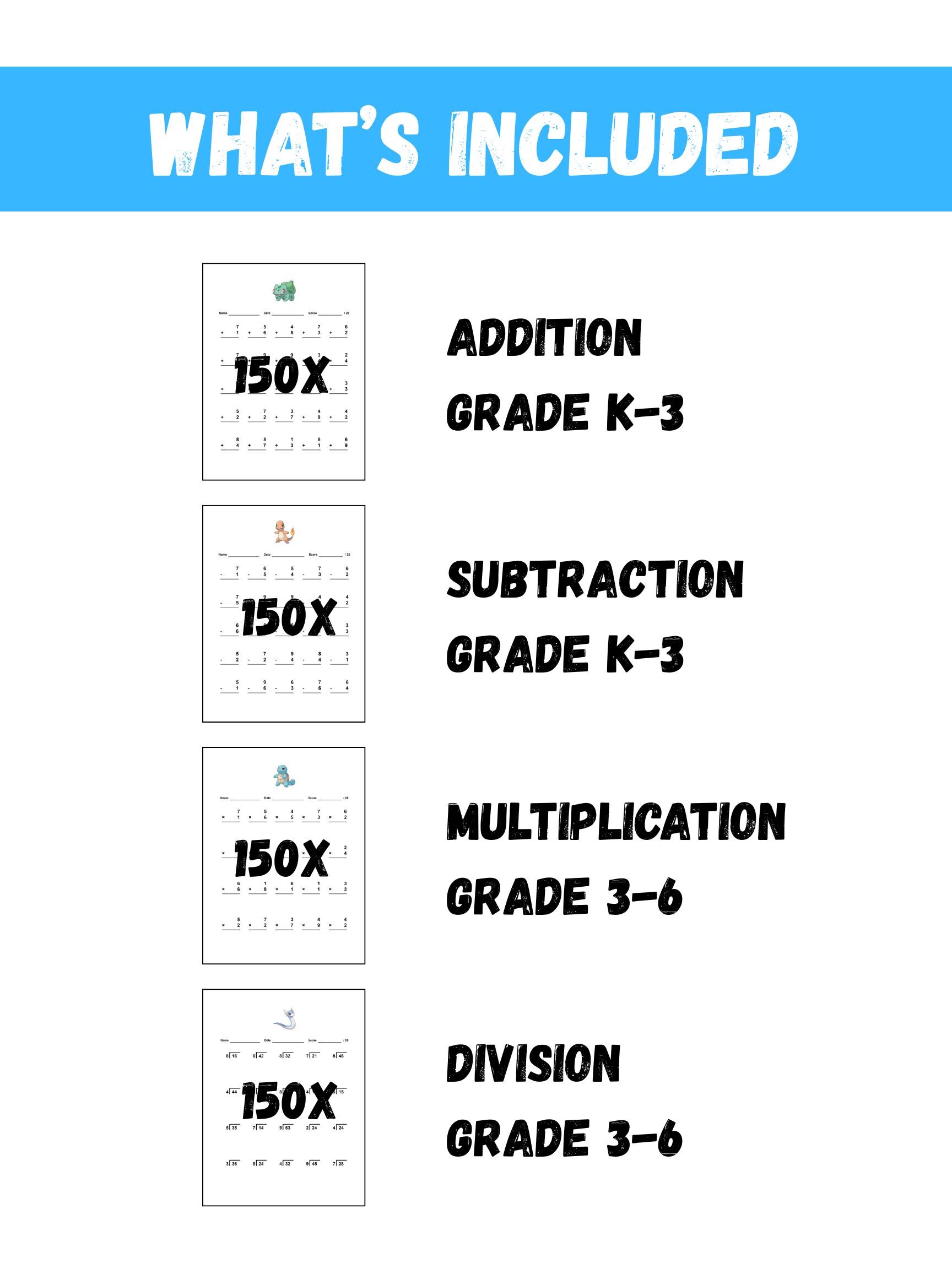 Pokemon Math Worksheets Adding Pokemon Math Worksheets Bundle, Addition Subtraction Multiplication ...