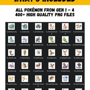May include: A digital product graphic featuring a yellow banner with the text "WHAT'S INCLUDED" above a list of Pok&eacute;mon characters from Generations 1-4. The image includes over 400 high-quality PNG files of various Pok&eacute;mon.