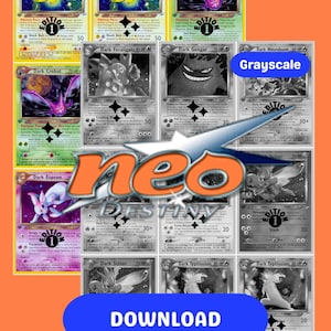 Może przedstawiać: Kolekcja kart kolekcjonerskich Pokémon, niektóre w kolorze, inne w skali szarości. Karty przedstawiają różne postacie Pokémon, z logo "Neo Destiny" w widocznym miejscu. Niebieski przycisk z napisem "POBIERZ" znajduje się na dole.