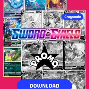以下が含まれることがあります： 色とグレースケールのポケモンカードのコレクション。カードには、Vaporeon、Jolteon、Charizardなど、さまざまなポケモンキャラクターが登場します。「SWORD & SHIELD」、「PROMO」、「DOWNLOAD」の文字も表示されています。