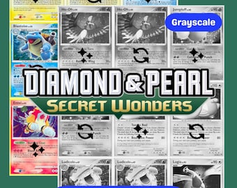 Puede incluir: Una colección de cartas coleccionables de Pokémon de la serie Diamond & Pearl Secret Wonders. La imagen presenta cartas en color y escala de grises, con la palabra "DOWNLOAD" en un óvalo azul en la parte inferior. Las cartas muestran varios personajes Pokémon.