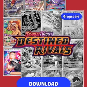 May include: A collection of Pokémon trading cards, some in color and others in grayscale. The cards feature various Pokémon characters and the text "DESTINED RIVALS" is prominently displayed. A blue button with the word "DOWNLOAD" is at the bottom.