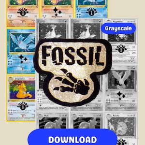 以下が含まれることがあります： 色とグレースケールのポケモンカードのコレクション。カードには、エアロダクティル、フリーザー、カイリューなど、さまざまなポケモンキャラクターが登場します。「FOSSIL」の大きなロゴがカードの中央に配置され、青色の「ダウンロード」ボタンがあります。