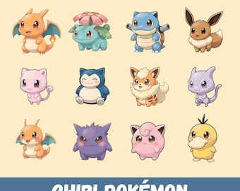 Paquete PNG de Pokémon, 16 Pokémon populares, imágenes prediseñadas de Chibi Kawaii, PNG SVG de anime, descarga digital