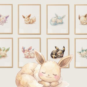 Könnte beinhalten: Gerahmte Aquarelldrucke mit schlafenden Cartoon-Kreaturen. Die Kreaturen sind in verschiedenen Farben dargestellt, darunter Rosa, Gelb, Blau, Grün und Schwarz. Das Kunstwerk hat eine weiche, verträumte Ästhetik, ideal für ein Kinderzimmer.