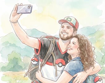 Custom Pokemon Watercolor Portrait from Photo, Personalized Trainer Style Digital Artwork, Family Couple Pet Gift