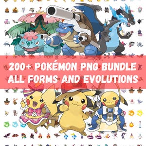 Könnte beinhalten: Eine digitale Illustration mit verschiedenen Pokémon-Charakteren, darunter Pikachu, Blastoise und Charizard. Der Text "200+ Pokémon PNG Bundle All Forms and Evolutions" ist in einem roten Banner enthalten.