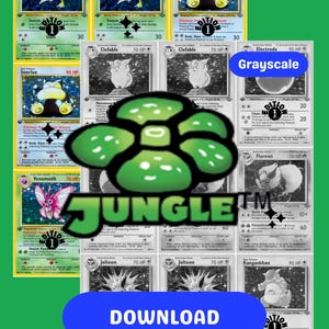 Könnte beinhalten: Eine Sammlung von Pokémon-Sammelkarten, einige in Farbe und andere in Graustufen, mit dem Wort "JUNGLE" prominent dargestellt. Die Karten zeigen verschiedene Pokémon-Charaktere und Text, mit einer blauen "DOWNLOAD"-Schaltfläche unten.