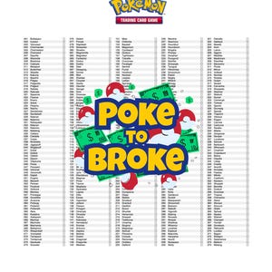 Puede incluir: Un fondo blanco con una lista de personajes del juego de cartas coleccionables Pok&eacute;mon y un gr&aacute;fico que dice "Poke to Broke" con s&iacute;mbolos de d&oacute;lar y Pok&eacute; Balls.