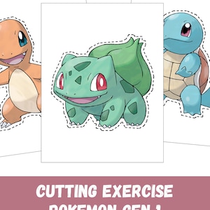 May include: Three Pokémon characters: Charmander, Bulbasaur, and Squirtle, each with a dashed outline for cutting. The text "CUTTING EXERCISE POKEMON GEN 1" is displayed in white letters on a maroon background.