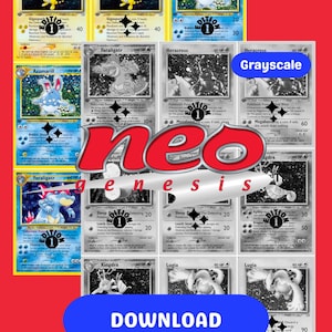 May include: A collection of Pokémon trading cards, some in color and others in grayscale. The cards feature various Pokémon characters, with the words "Neo Genesis" and "Download" overlaid on the image.