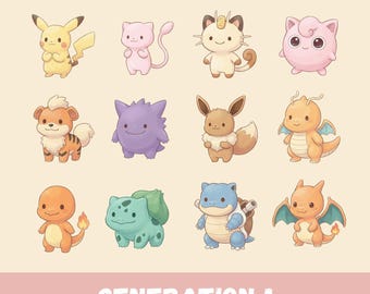 Popular Gen 1 Pokémon PNG Pack, 16 Fan Favorite Kanto Pokémon, Chibi Cute Kawaii Clipart, Anime PNG, Digital Download