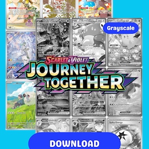 May include: A selection of Pokémon trading cards, some in colour and others in grayscale. The cards feature various Pokémon characters, with the text "Scarlet & Violet Journey Together" displayed. A blue button with the word "Download" is at the bottom.