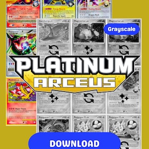 May include: A collection of Pokémon trading cards, some in color and others in grayscale. The cards feature various Pokémon characters, including Charizard, Electivire, and Rayquaza. The set is titled "Platinum Arceus" with a blue "Download" button.