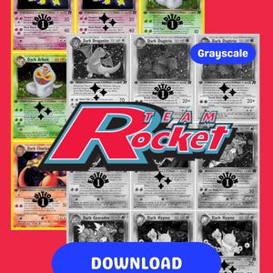 Może przedstawiać: Kolekcja kart kolekcjonerskich Pokémon, niektóre w kolorze, inne w skali szarości, przedstawiających różne postacie, takie jak Dark Alakazam, Dark Arbok i Dark Dragonite. Karty są na czerwonym tle z logo "Team Rocket".