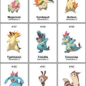 Puede incluir: Nueve cartas de Pok&eacute;mon con criaturas de la Generaci&oacute;n 2. Cada carta muestra un Pok&eacute;mon diferente, su nombre y el n&uacute;mero de generaci&oacute;n. Las cartas est&aacute;n sobre un fondo blanco.