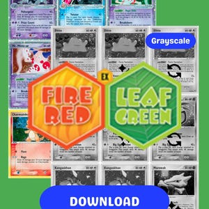 May include: A collection of Pokémon trading cards, some in color and others in grayscale. The cards feature various Pokémon characters, with text labels like "Color," "Grayscale," "Fire Red," "Leaf Green," and "Download."