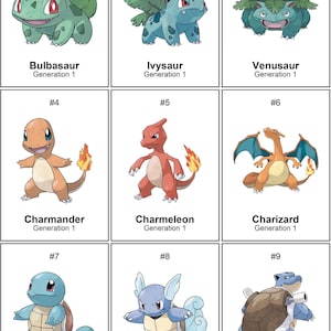 Puede incluir: Nueve cartas de Pok&eacute;mon con Bulbasaur, Ivysaur, Venusaur, Charmander, Charmeleon, Charizard, Squirtle, Wartortle y Blastoise. Cada carta muestra el nombre del Pok&eacute;mon y el texto "Generaci&oacute;n 1".