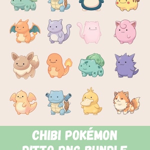 Könnte beinhalten: Eine Sammlung von Pokémon-Charakteren im Chibi-Stil in verschiedenen Farben, darunter Bisasam, Schiggy, Pikachu und andere. Das Bild hat einen hellbeigen Hintergrund und den Text "Chibi Pokémon Ditto PNG Bundle."