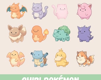 Ditto Style Pokémon PNG Bundle, 16 Cute Transforming Chibi Pokémon, Kawaii Ditto Art, Digital Download