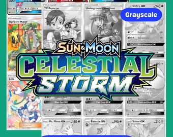 Può includere: Una collezione di carte collezionabili Pokémon, alcune a colori e altre in scala di grigi. Le carte presentano vari personaggi e il testo "Sun & Moon Celestial Storm" è ben visibile. Un pulsante blu con la scritta "DOWNLOAD" si trova in basso.
