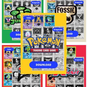 Może przedstawiać: Kolaż kart kolekcjonerskich Pokémon, niektóre w kolorze, inne w skali szarości. Karty ułożone są na zielonym, żółtym i czerwonym tle. Widoczny jest tekst "Pokémon Trading Card Game" wraz z przyciskami "Pobierz".
