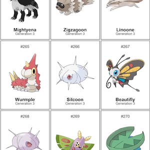 Puede incluir: Nueve cartas coleccionables con varias criaturas de la serie Generaci&oacute;n 3. Las cartas muestran ilustraciones de Mightyena, Zigzagoon, Linoone, Wurmple, Silcoon, Beautifly, Cascoon, Dustox y Lotad, con sus nombres y n&uacute;mero de generaci&oacute;n.