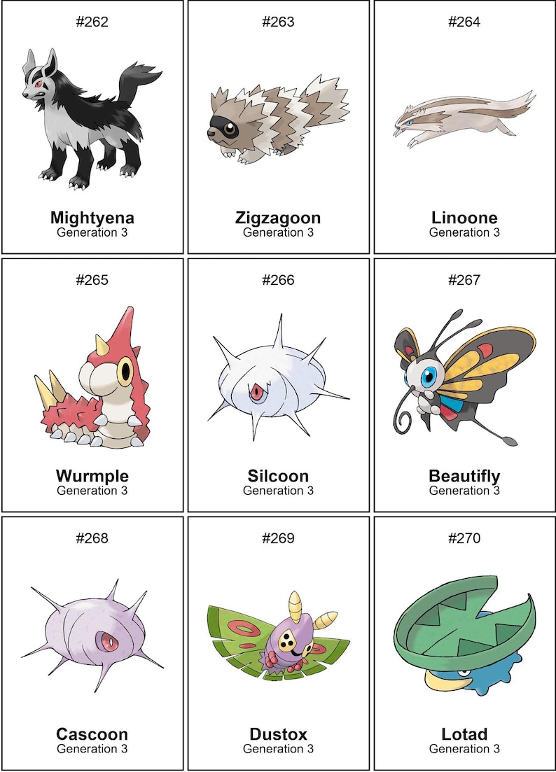 Puede incluir: Nueve cartas coleccionables con varias criaturas de la serie Generaci&oacute;n 3. Las cartas muestran ilustraciones de Mightyena, Zigzagoon, Linoone, Wurmple, Silcoon, Beautifly, Cascoon, Dustox y Lotad, con sus nombres y n&uacute;mero de generaci&oacute;n.