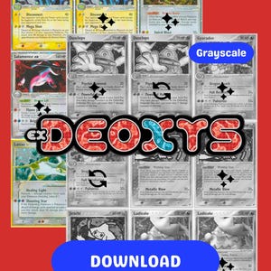 May include: A collection of Pokémon trading cards, some in color and others in grayscale, arranged on a red background. The cards feature various Pokémon characters and text, with the word "DEOXYS" prominently displayed.