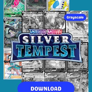 May include: A collection of Pokémon trading cards from the "Sword & Shield Silver Tempest" set. The image features cards in color and grayscale, with the set's logo and a "Download" button. The cards showcase various Pokémon.