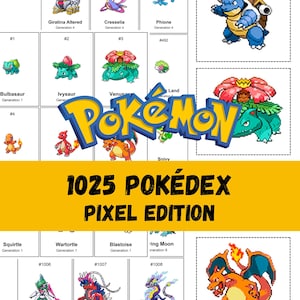 Op de afbeelding: Een verzameling Pokémon-kaarten met verschillende personages. De kaarten zijn gerangschikt in een raster, met verschillende generaties en vormen. De tekst "1025 POKÉDEX PIXEL EDITION" is zichtbaar.