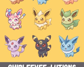 Pokemon PNG Bundle, Eevee Evolutions, Chibi Cute Kawaii Clipart, Eeveelution PNG SVG, Anime Digital Download, Instant Sublimation Art