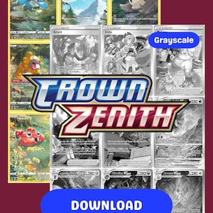 Puede incluir: Una colección de cartas coleccionables de Pokémon, con diseños a color y en escala de grises. Las cartas muestran varios personajes Pokémon y cartas de entrenador, con el logotipo "Crown Zenith" en un lugar destacado. Un botón azul con la palabra "DESCARGAR" está en la parte inferior.