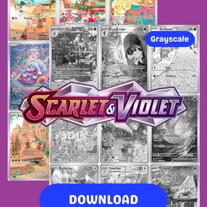 Puede incluir: Una colección de cartas coleccionables de Pokémon, algunas en color y otras en escala de grises. Las cartas presentan varios personajes Pokémon y el logotipo "Scarlet & Violet". Un botón azul con la palabra "DESCARGAR" está en la parte inferior.