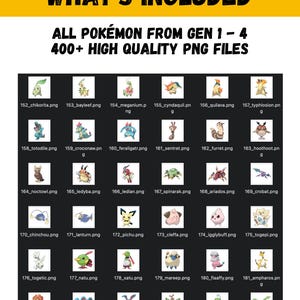 May include: A digital product image with the text "WHAT'S INCLUDED" and "ALL POK&Eacute;MON FROM GEN 1-4 400+ HIGH QUALITY PNG FILES". The image displays a grid of Pok&eacute;mon characters from the first four generations, each with a file name.